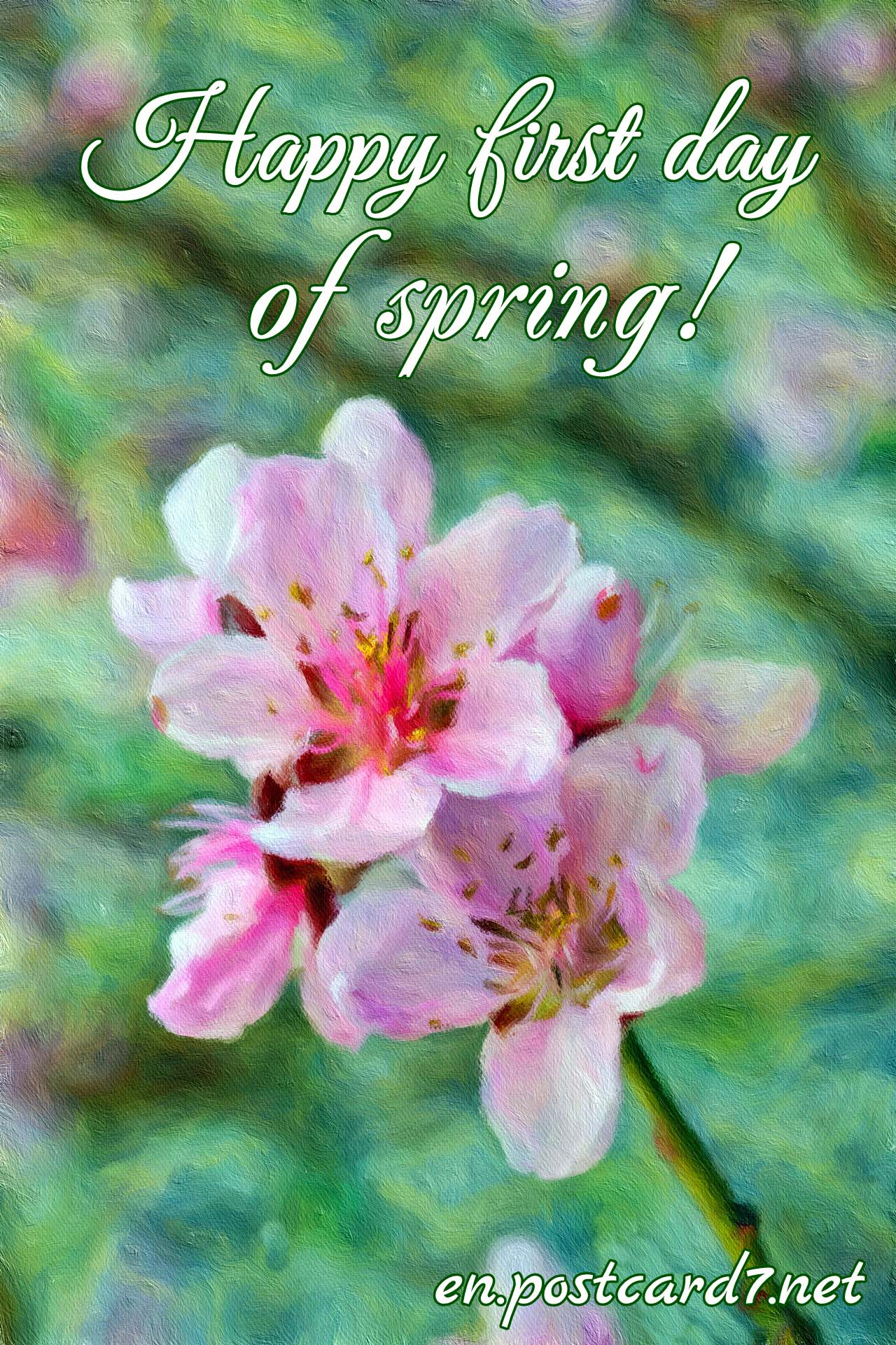 Happy first day of spring, postcard with a flowering branch