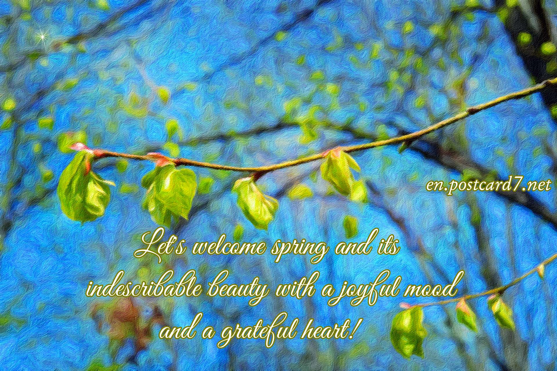 Welcome spring, a picture with delicate spring leaves and wishes 